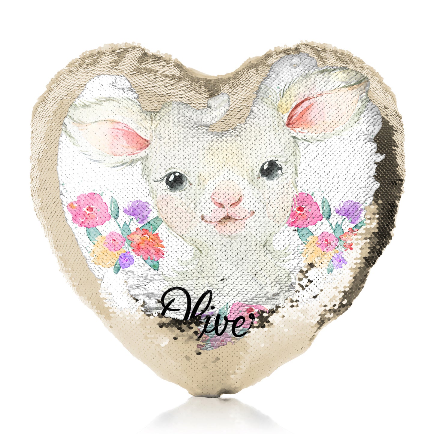 Personalised Sequin Heart Cushion with White Lamb Flowers and Cute Text