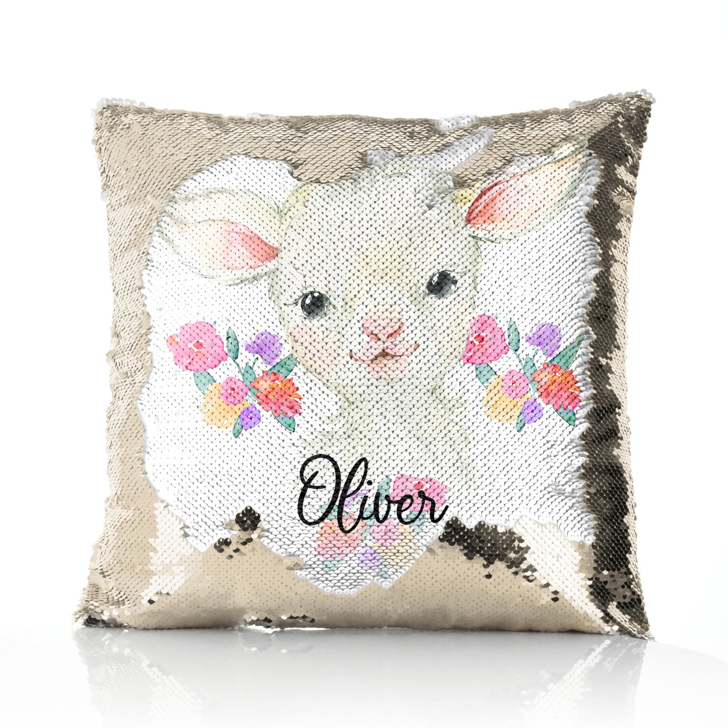 Personalised Sequin Cushion with White Lamb Flowers and Cute Text