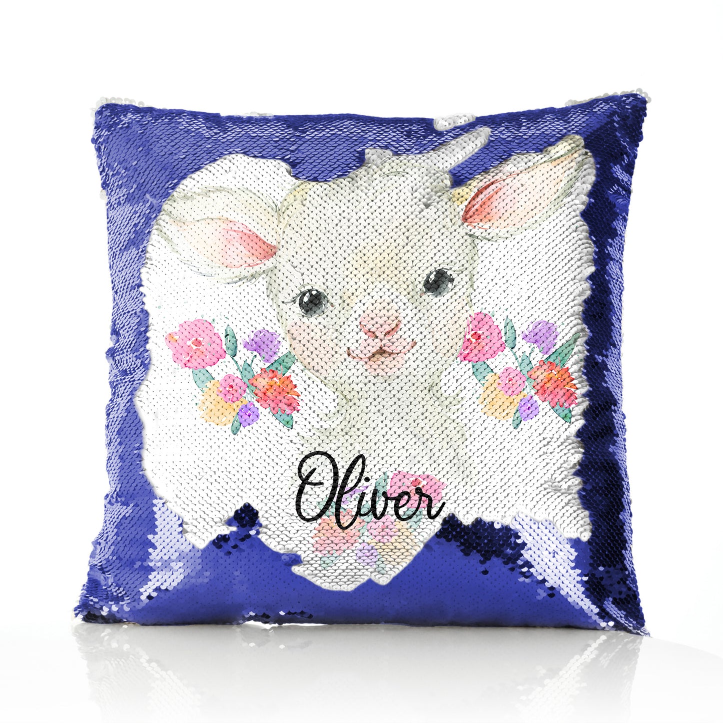 Personalised Sequin Cushion with White Lamb Flowers and Cute Text