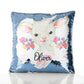 Personalised Sequin Cushion with White Lamb Flowers and Cute Text