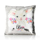 Personalised Sequin Cushion with White Lamb Flowers and Cute Text