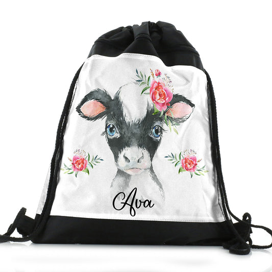 Personalised Cow Pink Glitter Roses and Name Black Drawstring Backpack