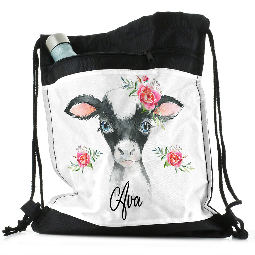 Personalised Cow Pink Glitter Roses and Name Black Drawstring Backpack