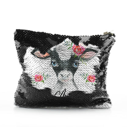 Personalisierte Pailletten-Reißverschlusstasche mit schwarz-weißen kuhrosa Rosenblumen und süßem Text