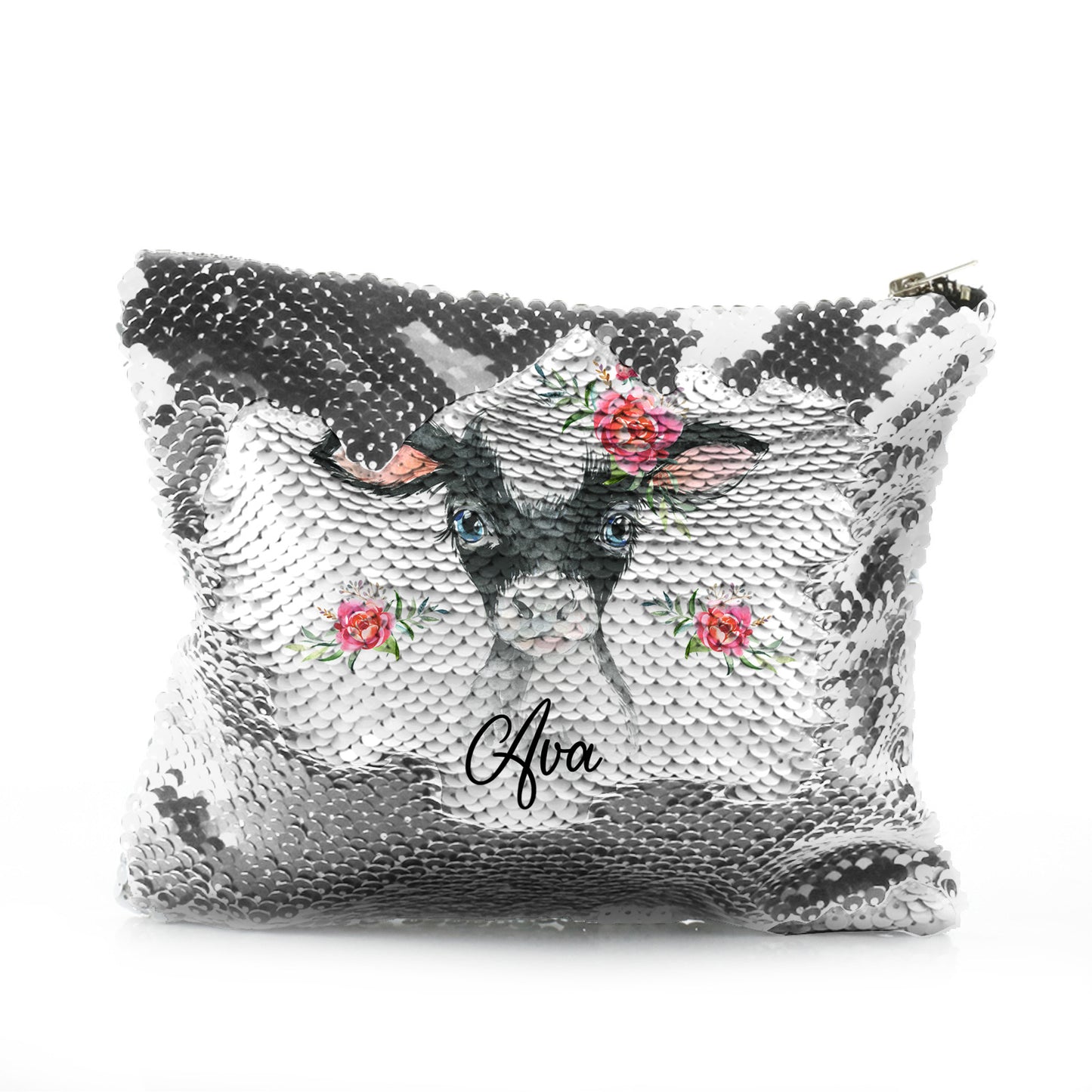 Personalised Sequin Zip Bag with Black and White Cow Pink Rose Flowers and Cute Text