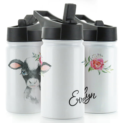 Personalised Black Cow Rose and Name White Sports Flask