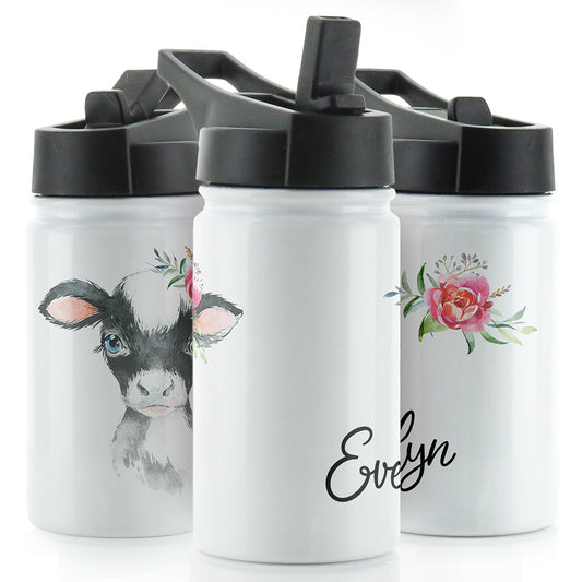 Personalisierte Black Cow Rose und Name White Sports Flask