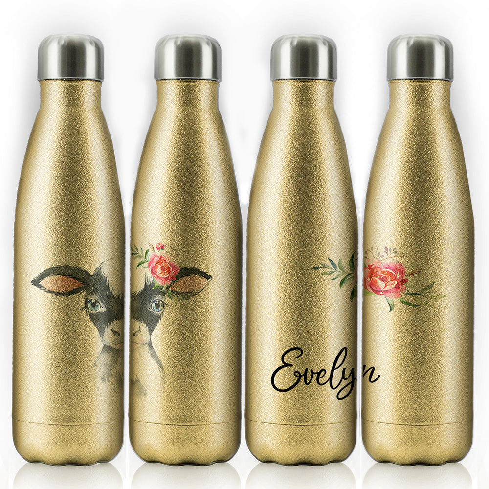 Personalisierte Kuh-Rosa-Glitzer-Rosen und Cola-Flasche mit Namen