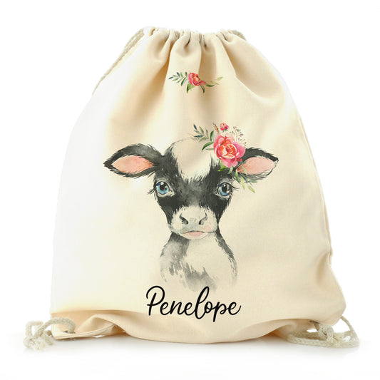 Personalised Canvas Drawstring Backpack with Black and White Cow Pink Rose Flowers and Cute Text