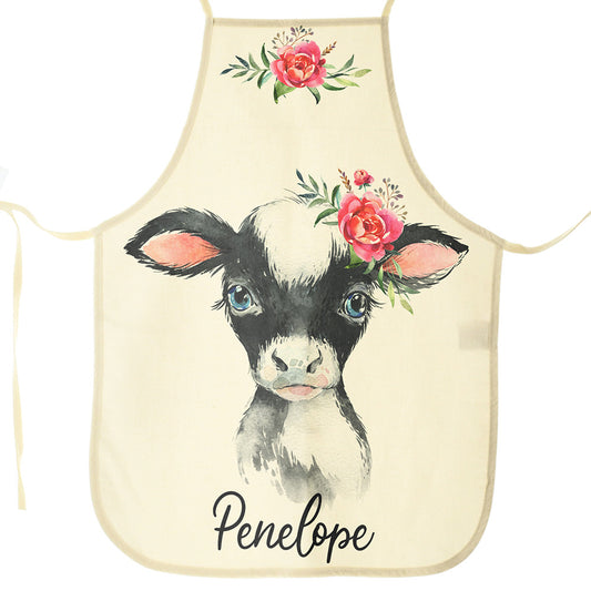 Personalised Canvas Apron with Cow Pink Roses and Name Design
