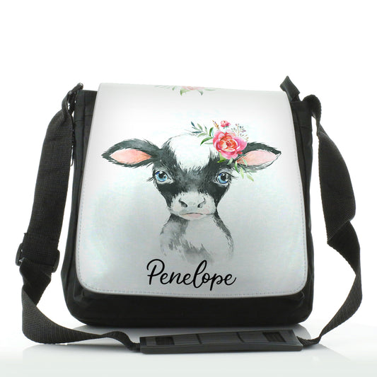 Personalised Shoulder Bag with Black and White Cow Pink Rose Flowers and Cute Text
