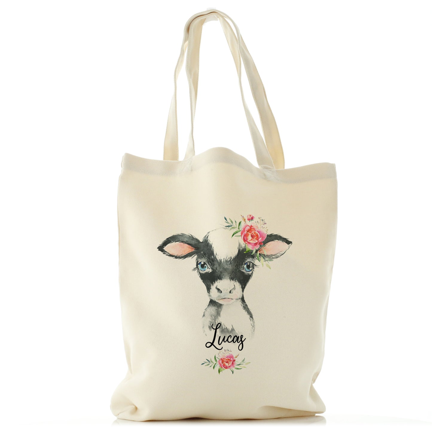 Personalised Canvas Tote Bag with Black and White Cow Pink Rose Flowers and Cute Text
