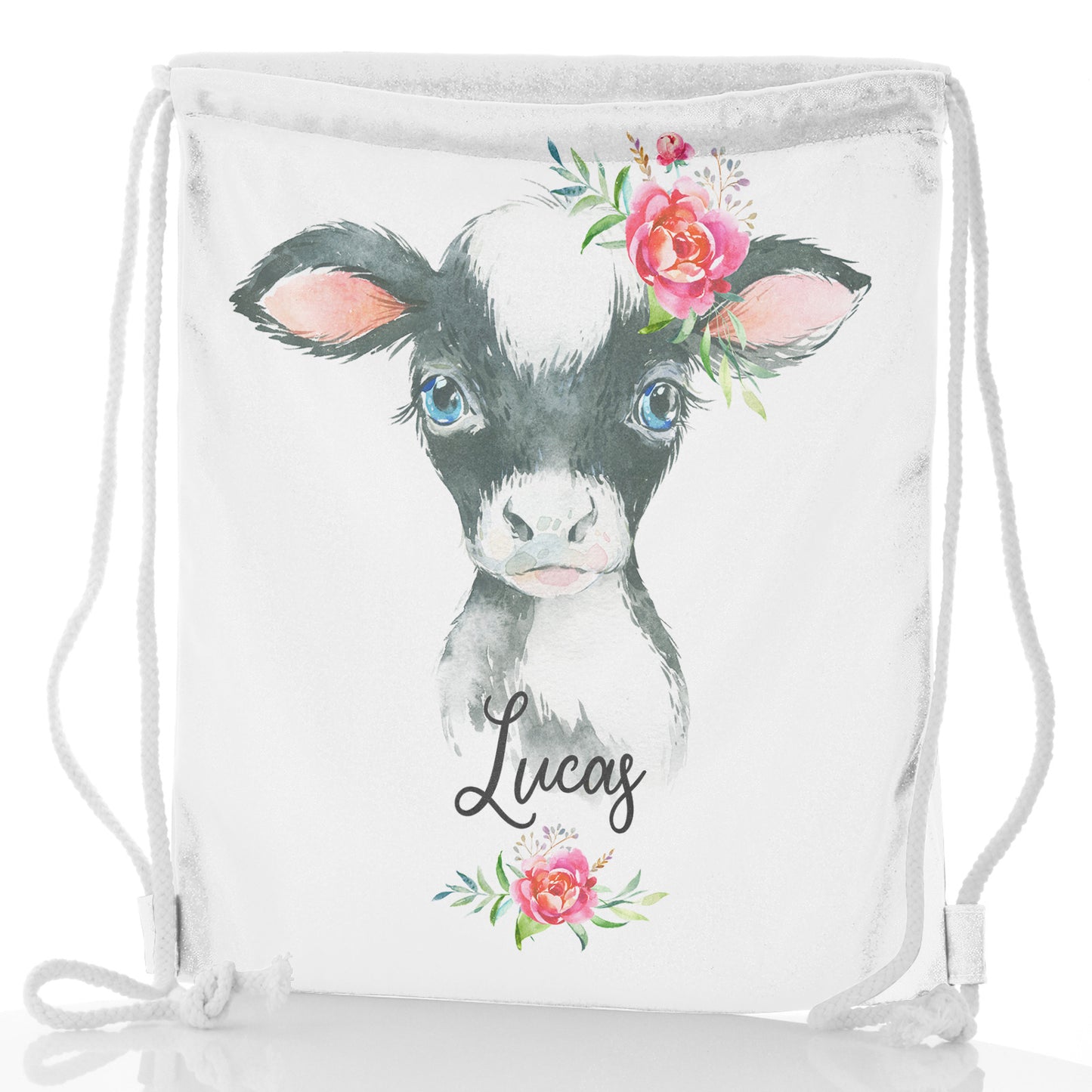 Personalised Glitter Drawstring Backpack with Black and White Cow Pink Rose Flowers and Cute Text