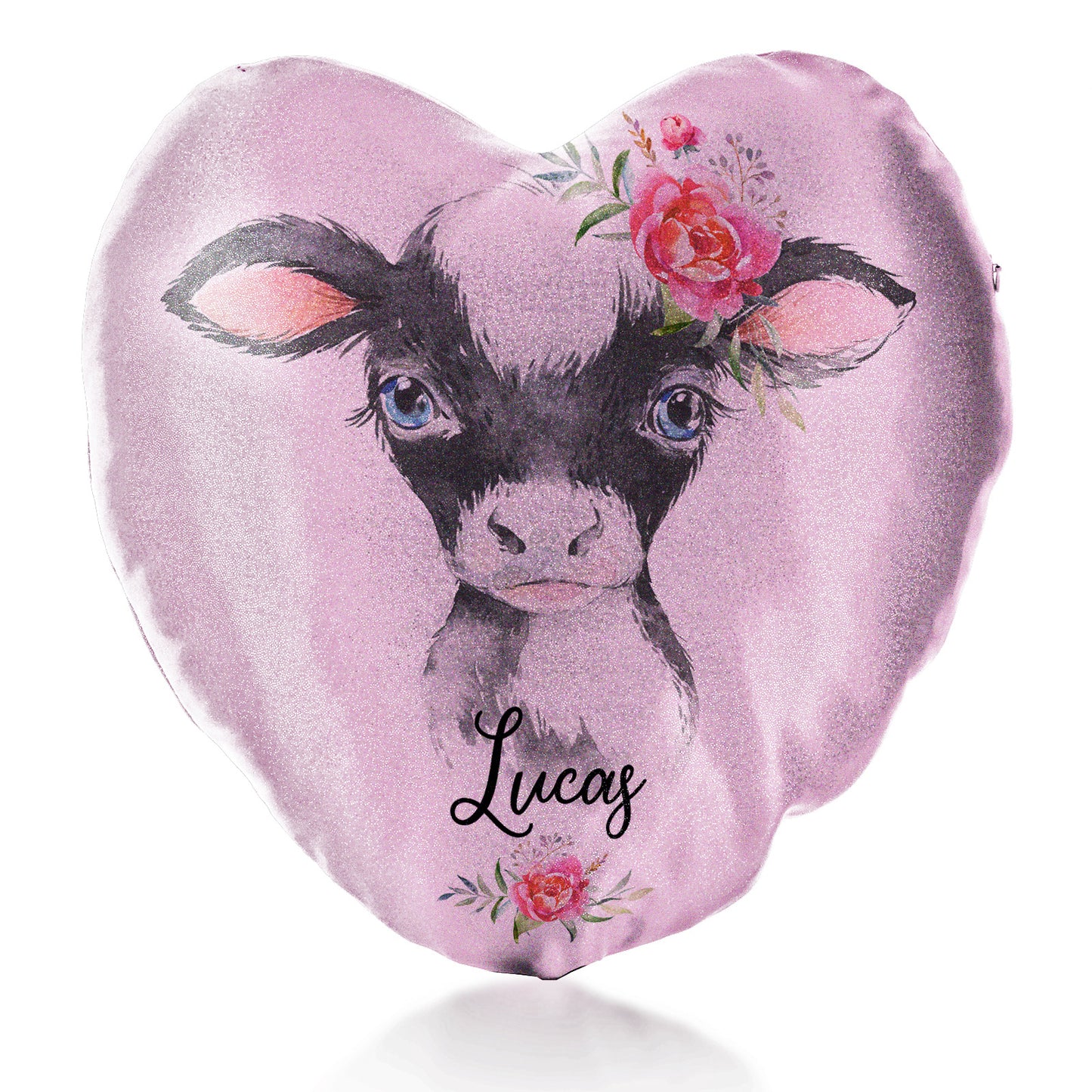 Personalised Glitter Heart Cushion with Black and White Cow Pink Rose Flowers and Cute Text