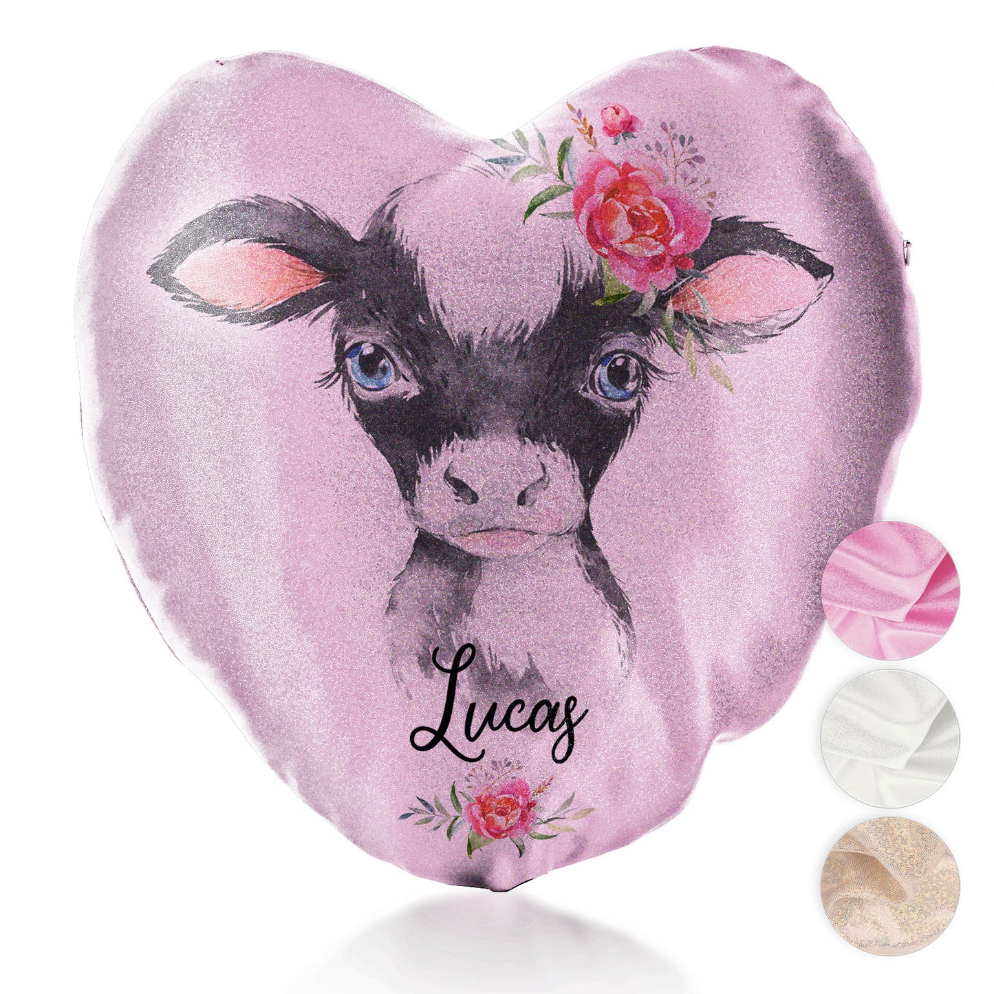 Personalised Glitter Heart Cushion with Black and White Cow Pink Rose Flowers and Cute Text