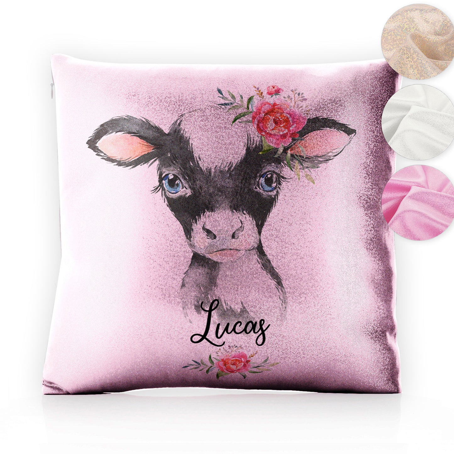 Personalised Glitter Cushion with Black and White Cow Pink Rose Flowers and Cute Text