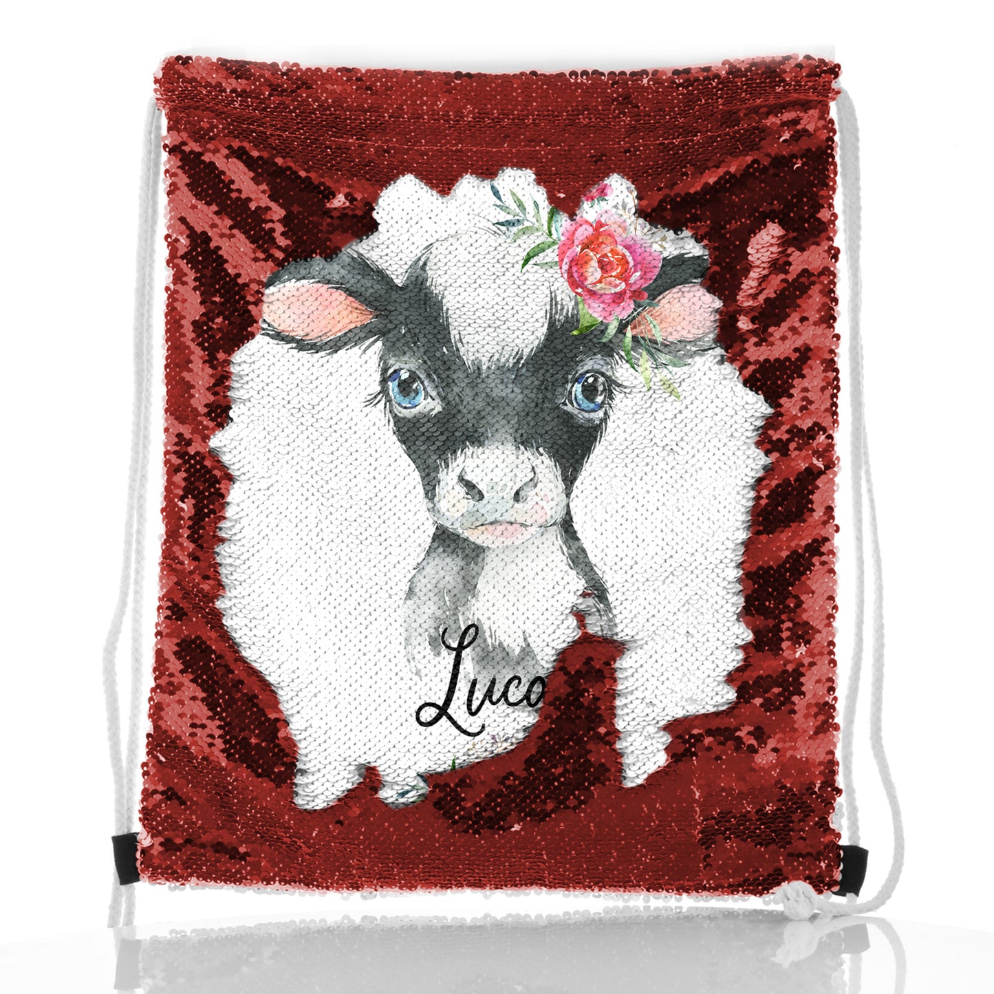 Personalisierter Pailletten-Rucksack mit Kordelzug, schwarz-weißen kuhrosa Rosenblüten und süßem Text