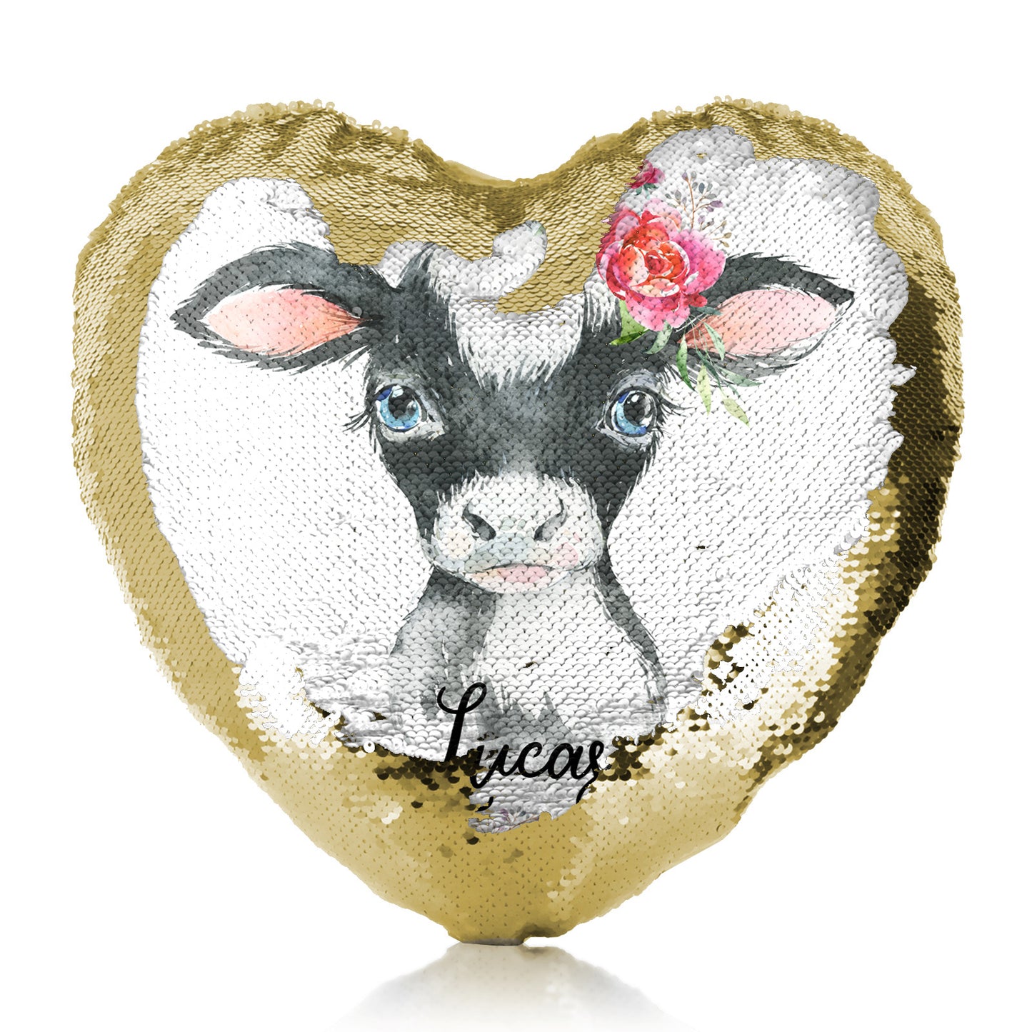 Personalised Sequin Heart Cushion with Black and White Cow Pink Rose Flowers and Cute Text