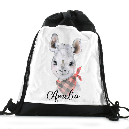 Personalised Rhino Red Check and Name Black Drawstring Backpack