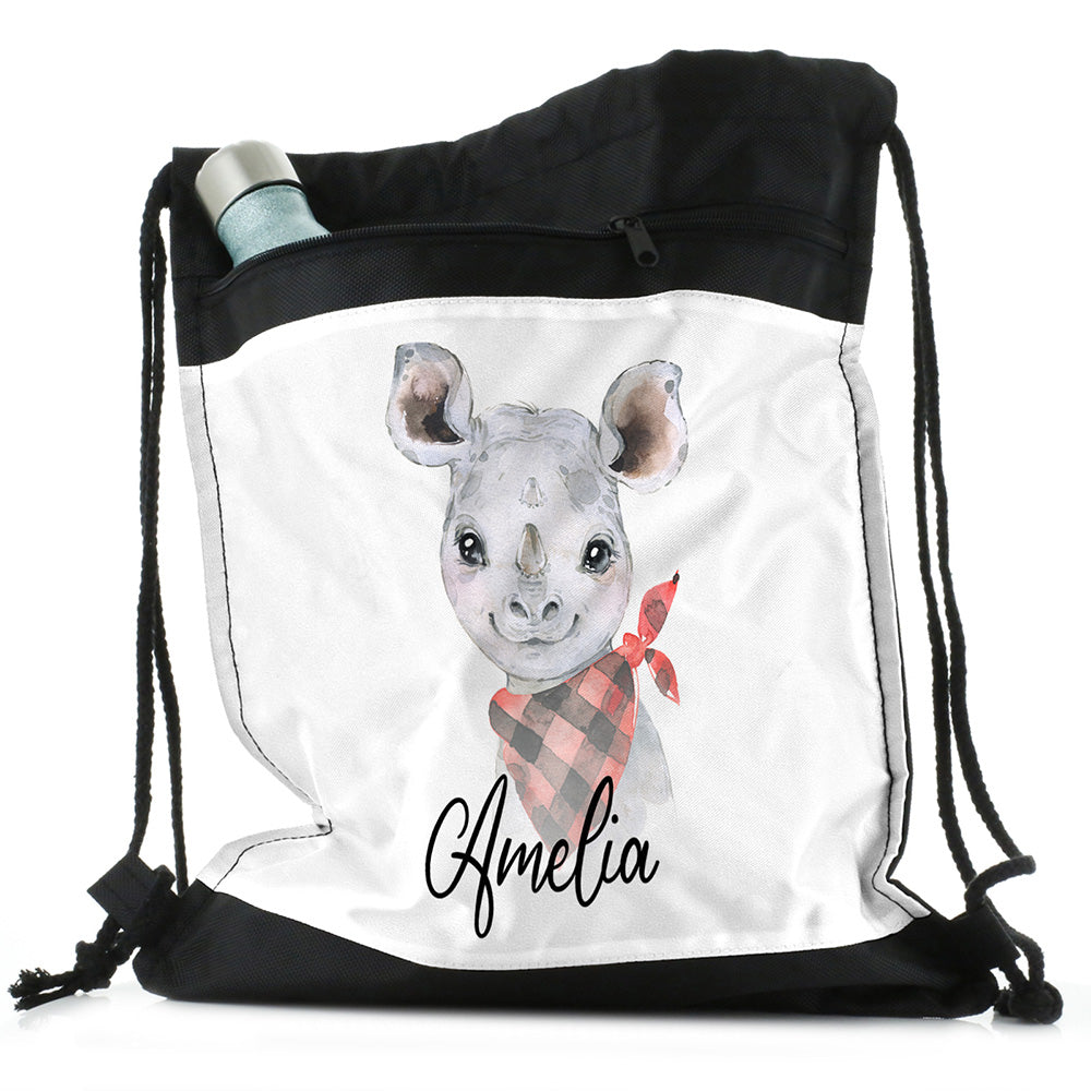 Personalised Rhino Red Check and Name Black Drawstring Backpack