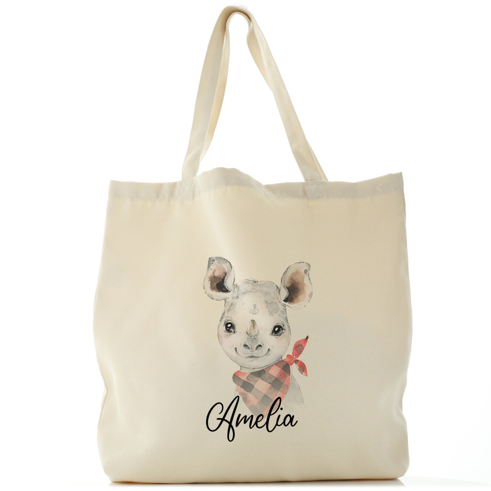 Personalised Canvas Tote Bag with Rhino Red and Black Check Neck and Cute Text