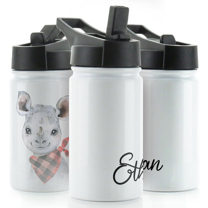 Personalised Rhino Red Check and Name White Sports Flask