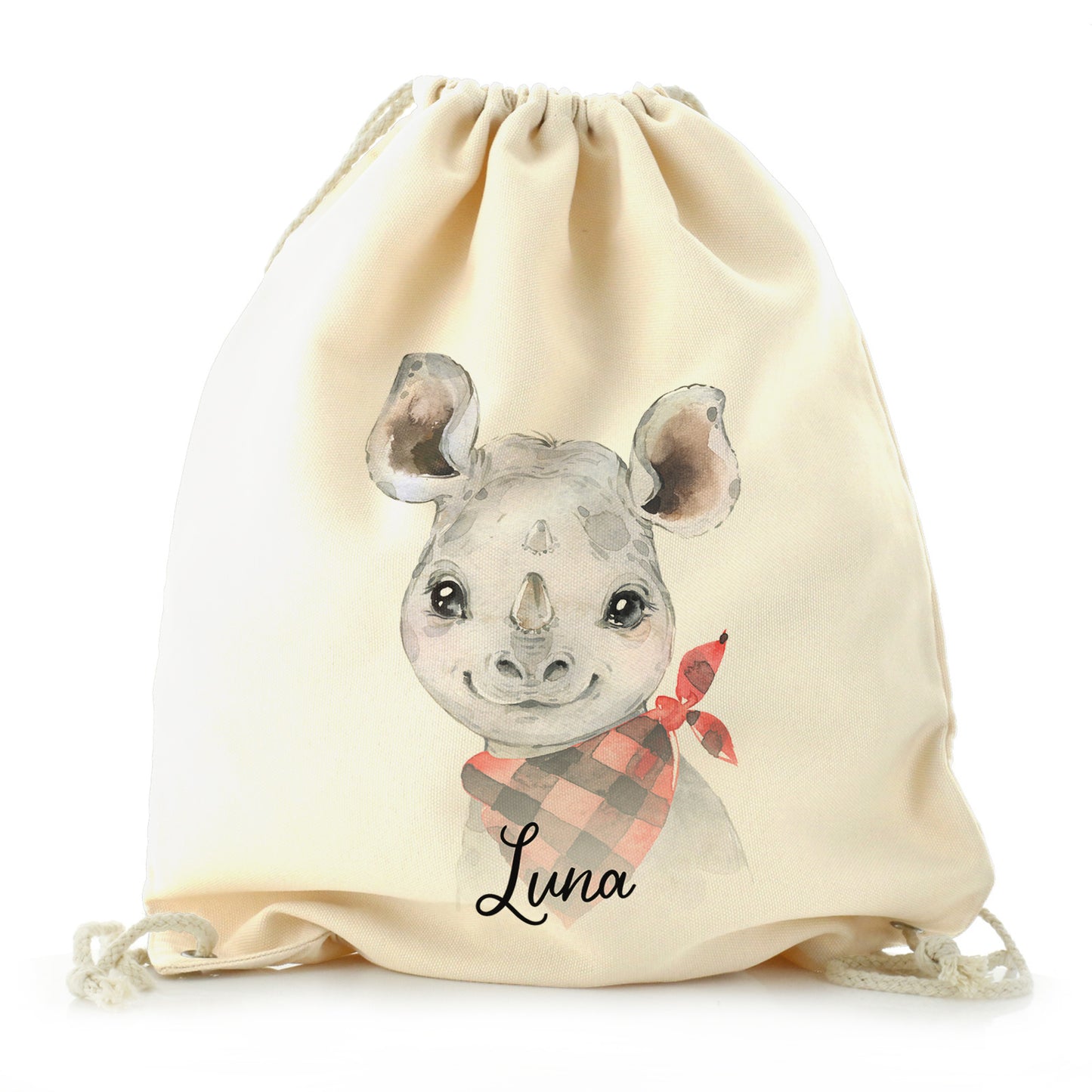 Personalised Canvas Drawstring Backpack with Rhino Red and Black Check Neck and Cute Text