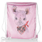 Personalised Glitter Drawstring Backpack with Rhino Red and Black Check Neck and Cute Text