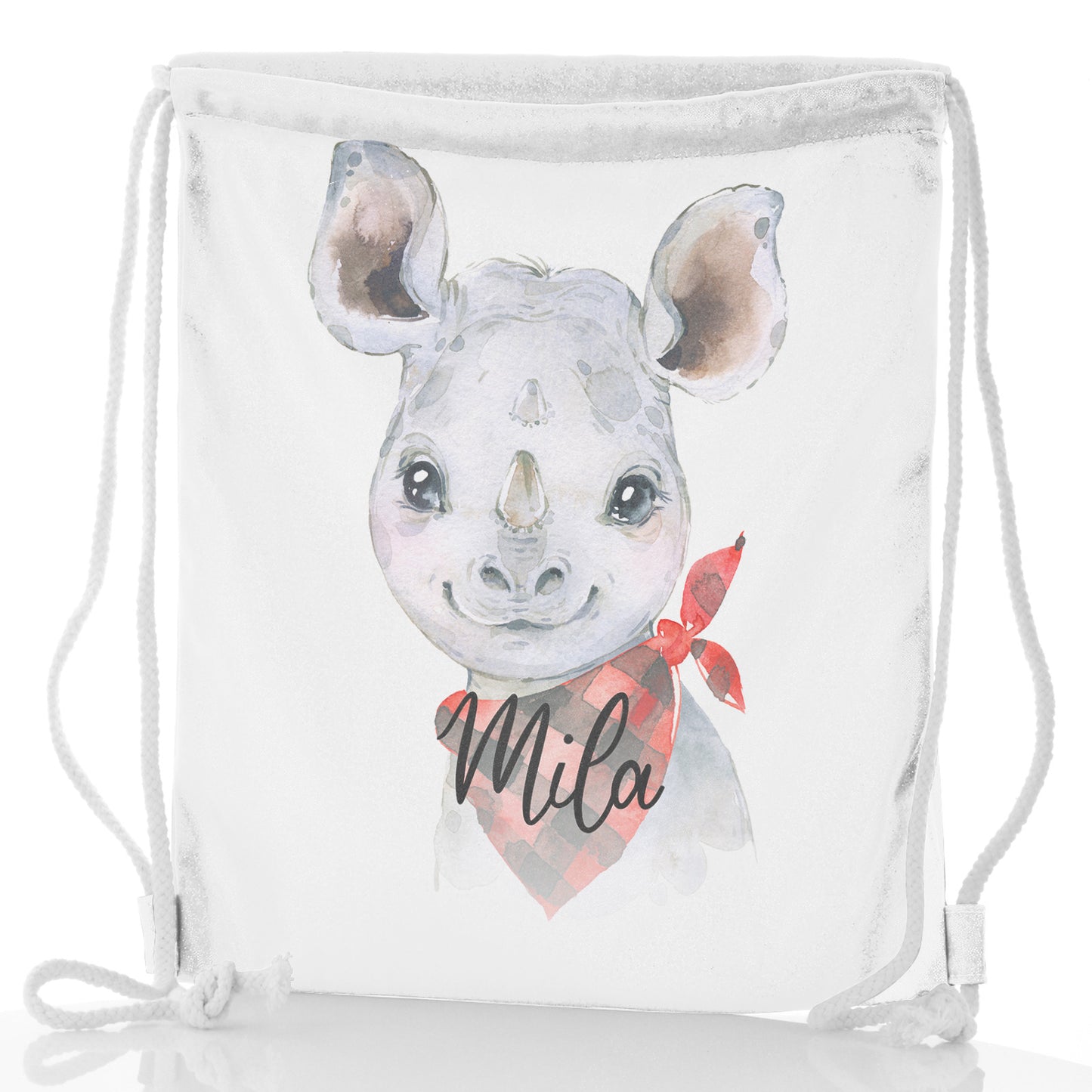 Personalised Glitter Drawstring Backpack with Rhino Red and Black Check Neck and Cute Text