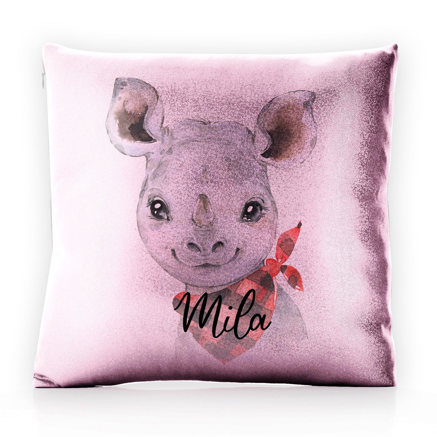 Personalised Glitter Cushion with Rhino Red and Black Check Neck and Cute Text
