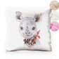 Personalised Glitter Cushion with Rhino Red and Black Check Neck and Cute Text