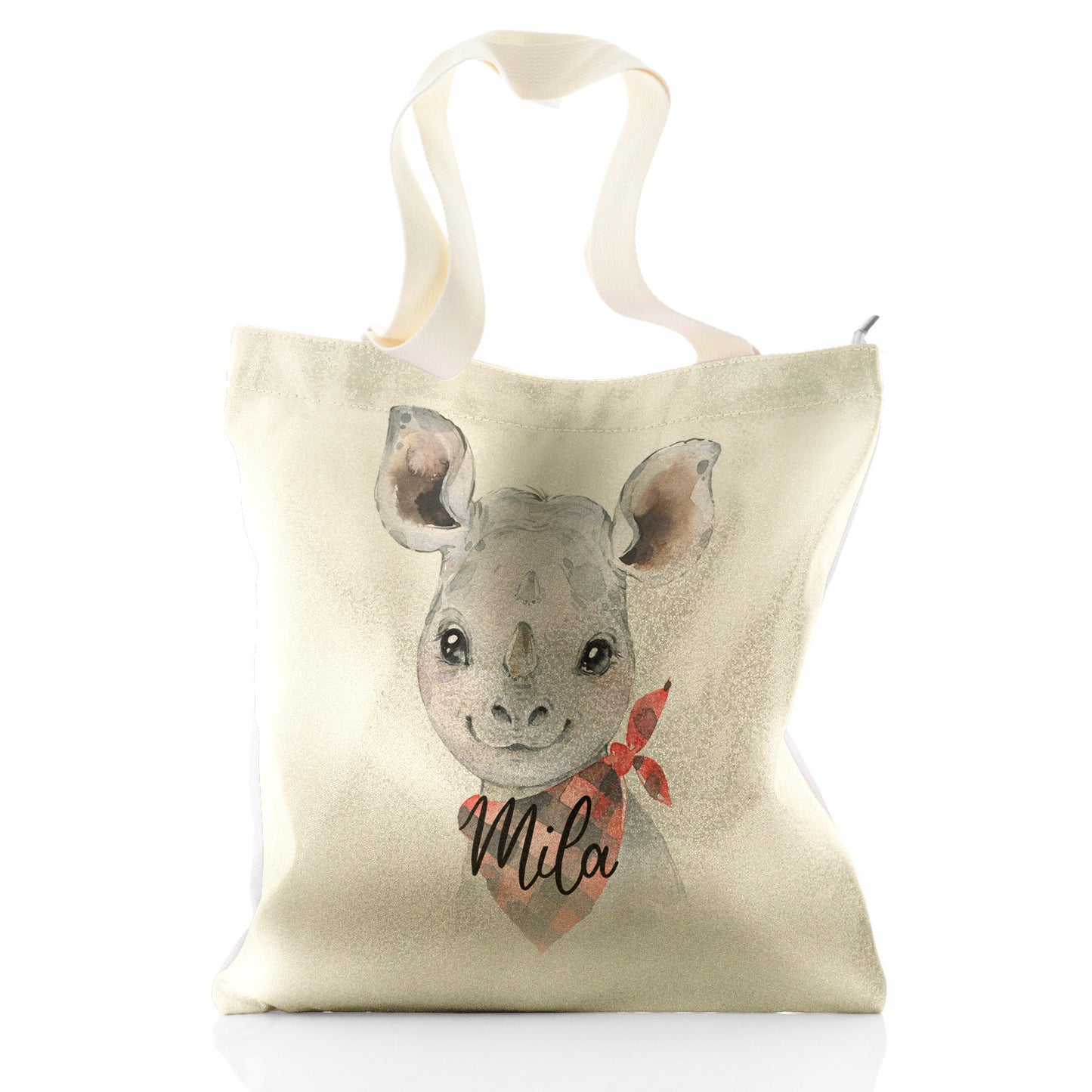Personalised Glitter Tote Bag with Rhino Red and Black Check Neck and Cute Text