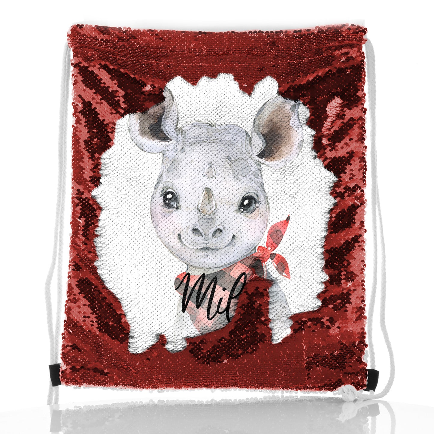 Personalised Sequin Drawstring Backpack with Rhino Red and Black Check Neck and Cute Text