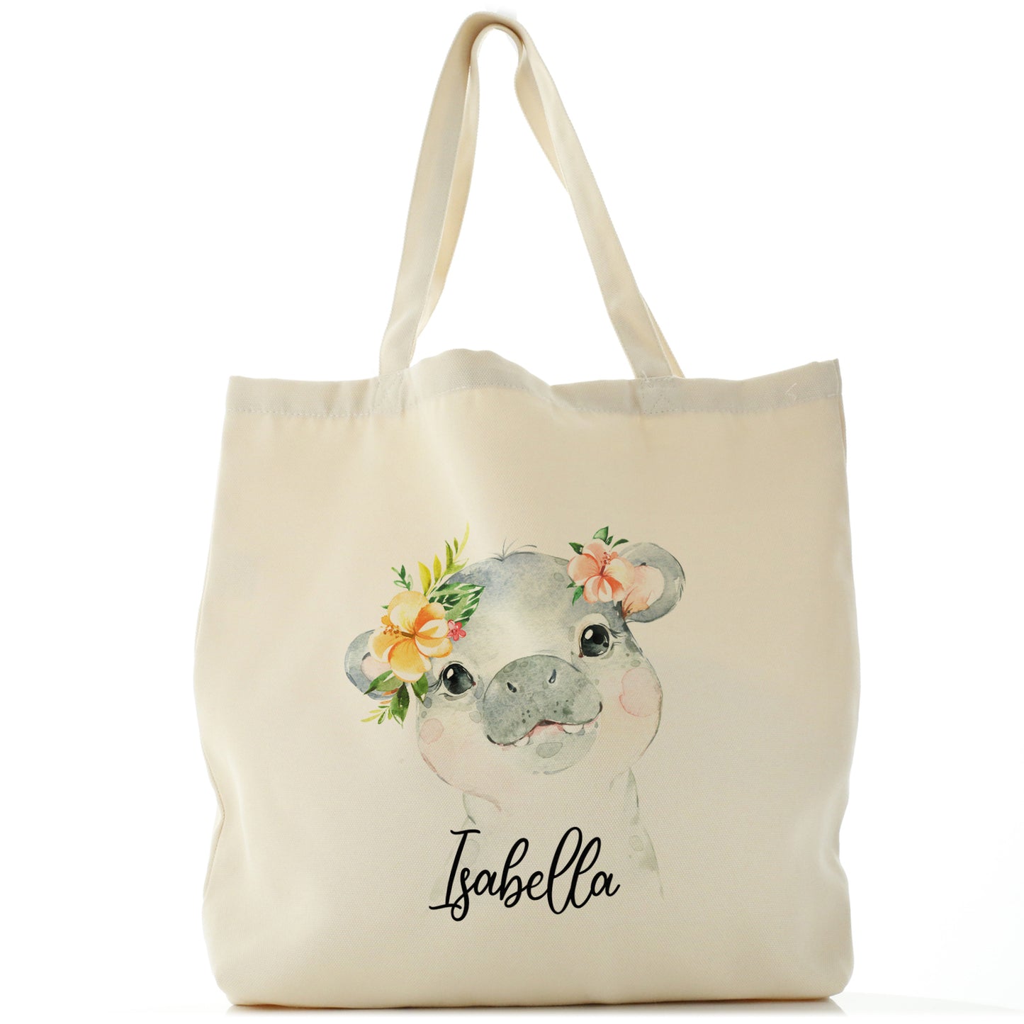 Personalised Canvas Tote Bag with Hippo Peach Flowers and Cute Text