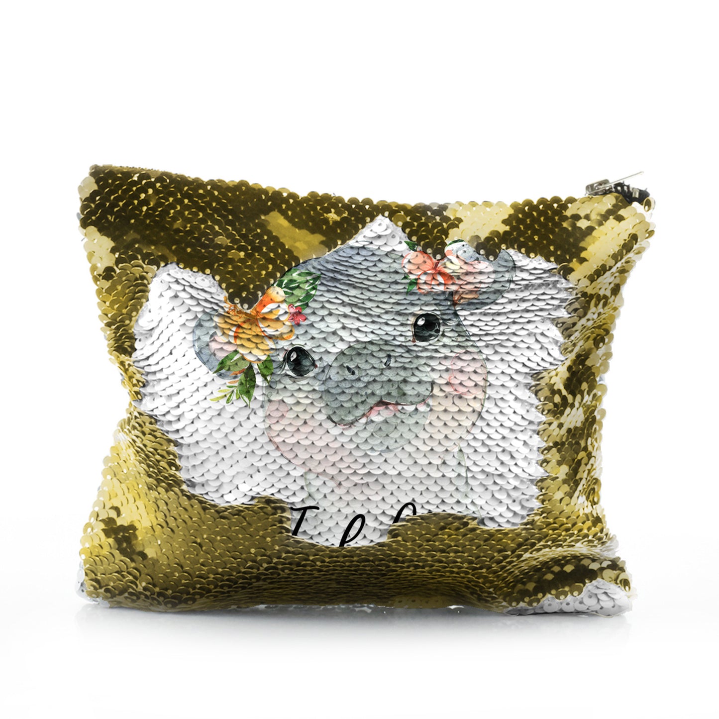 Personalised Sequin Zip Bag with Hippo Peach Flowers and Cute Text