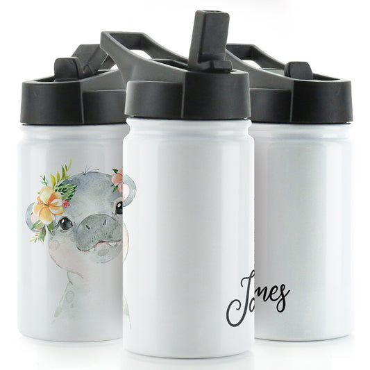 Personalised Hippo Peach Flowers and Name White Sports Flask