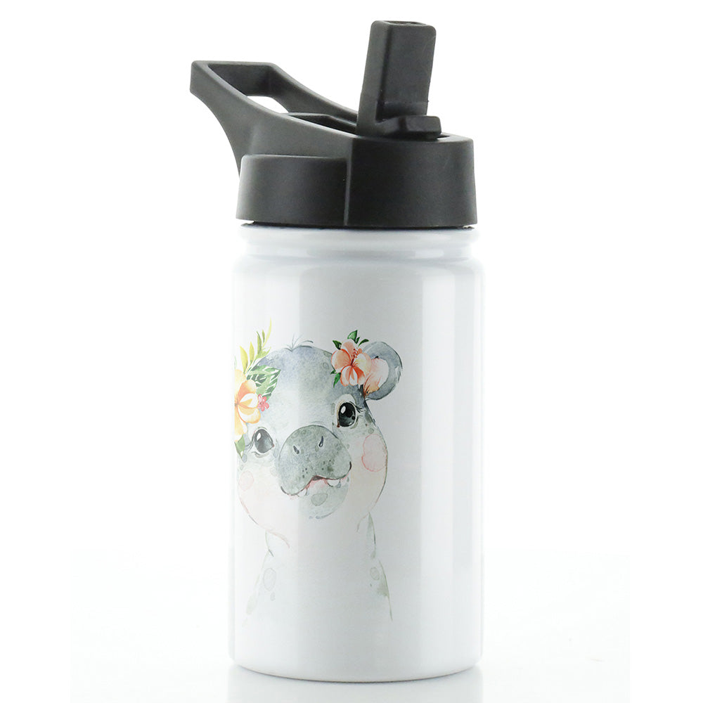Personalisierte Hippo-Pfirsich-Blumen und Name, weiße Sportflasche