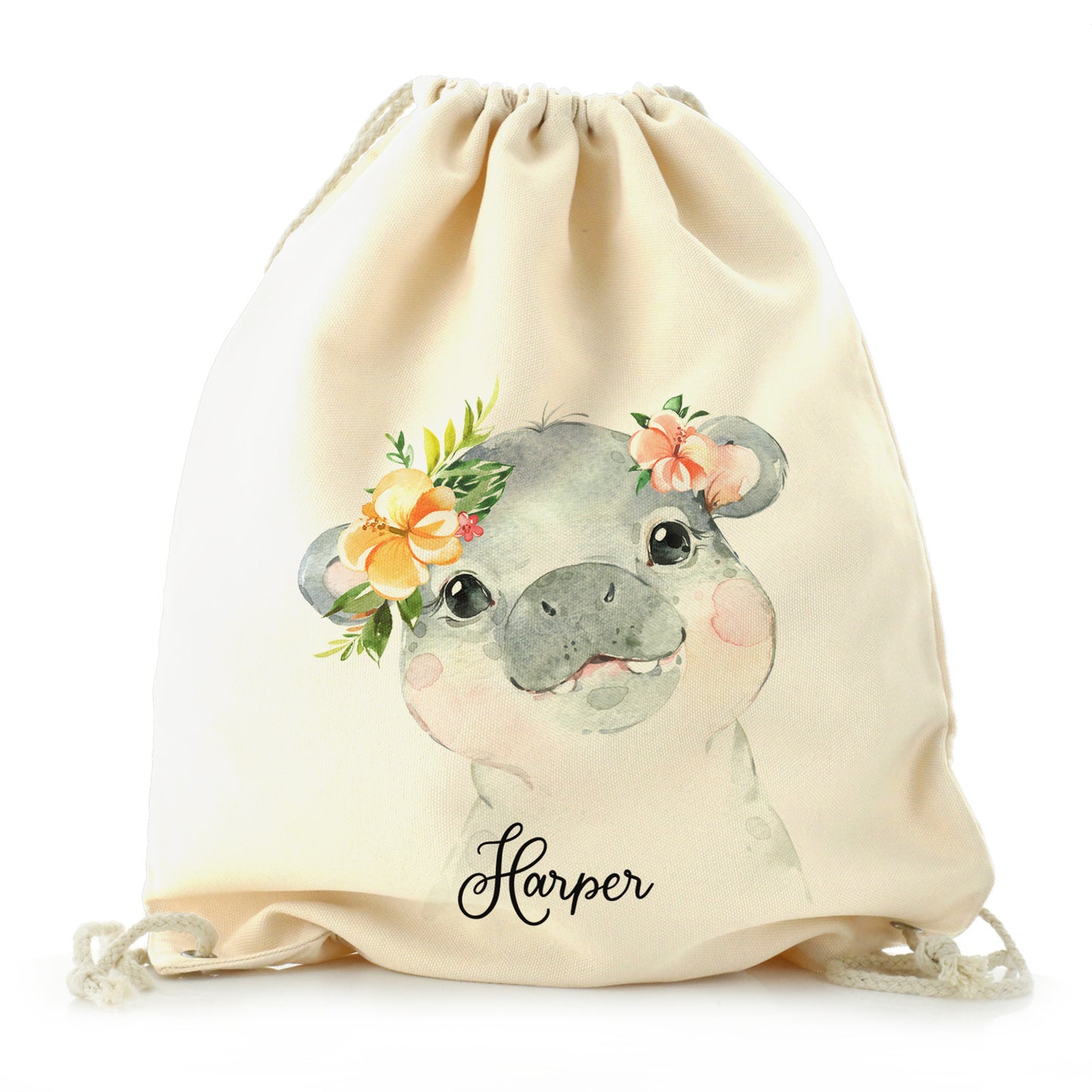 Personalised Canvas Drawstring Backpack with Hippo Peach Flowers and Cute Text
