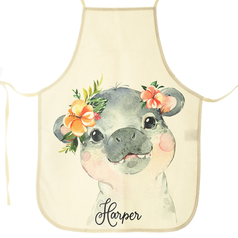 Personalised Canvas Apron with Hippo Peach Flowers and Name Design
