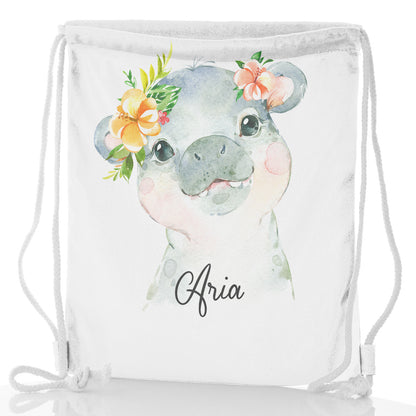 Personalised Glitter Drawstring Backpack with Hippo Peach Flowers and Cute Text