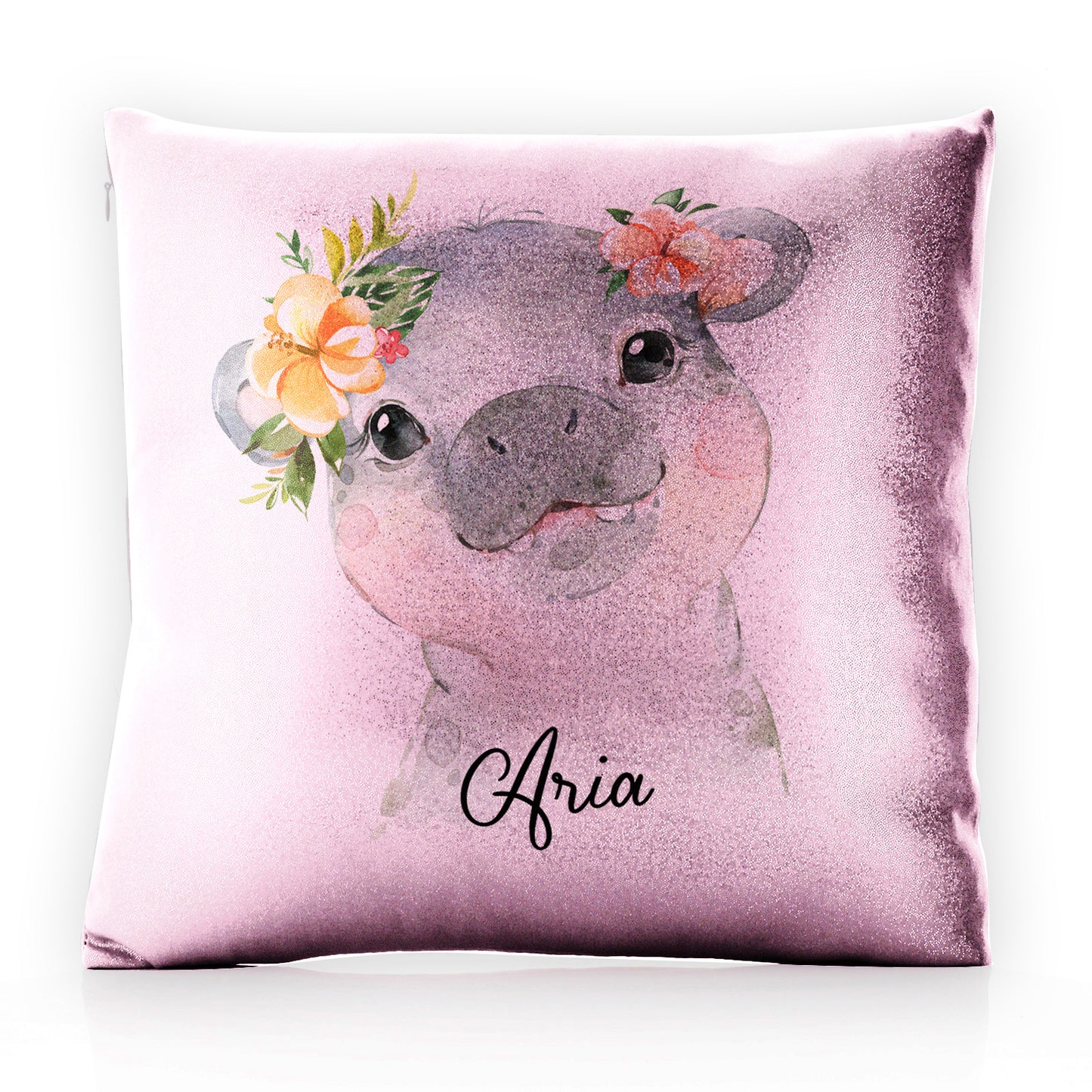 Personalised Glitter Cushion with Hippo Peach Flowers and Cute Text