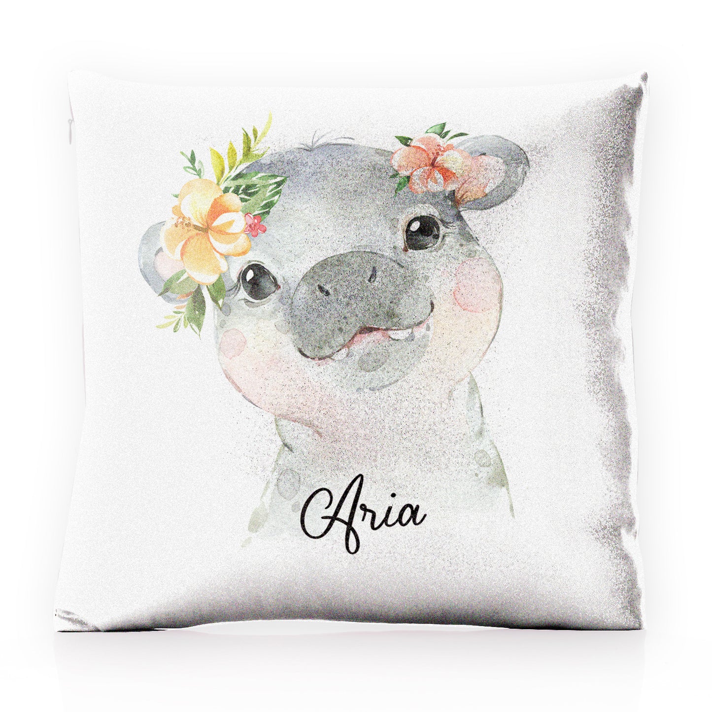 Personalised Glitter Cushion with Hippo Peach Flowers and Cute Text