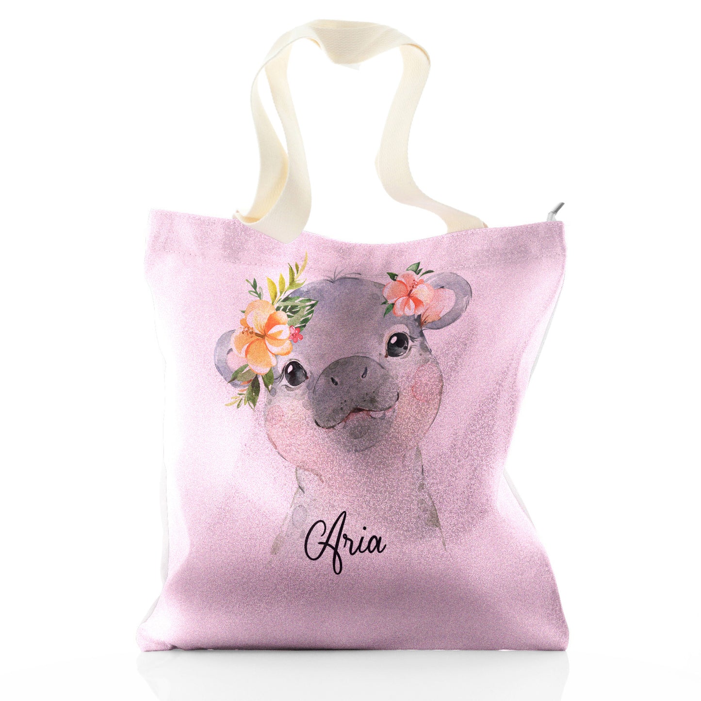 Personalised Glitter Tote Bag with Hippo Peach Flowers and Cute Text