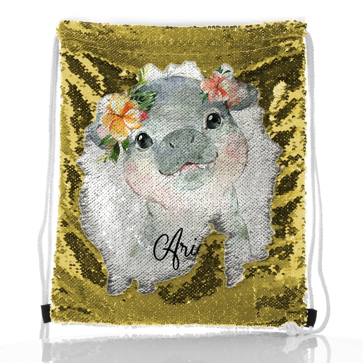 Personalised Sequin Drawstring Backpack with Hippo Peach Flowers and Cute Text