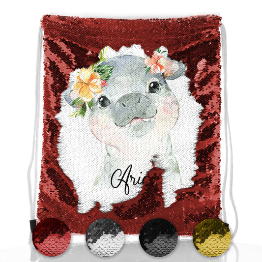 Personalised Sequin Drawstring Backpack with Hippo Peach Flowers and Cute Text