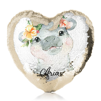 Personalised Sequin Heart Cushion with Hippo Peach Flowers and Cute Text