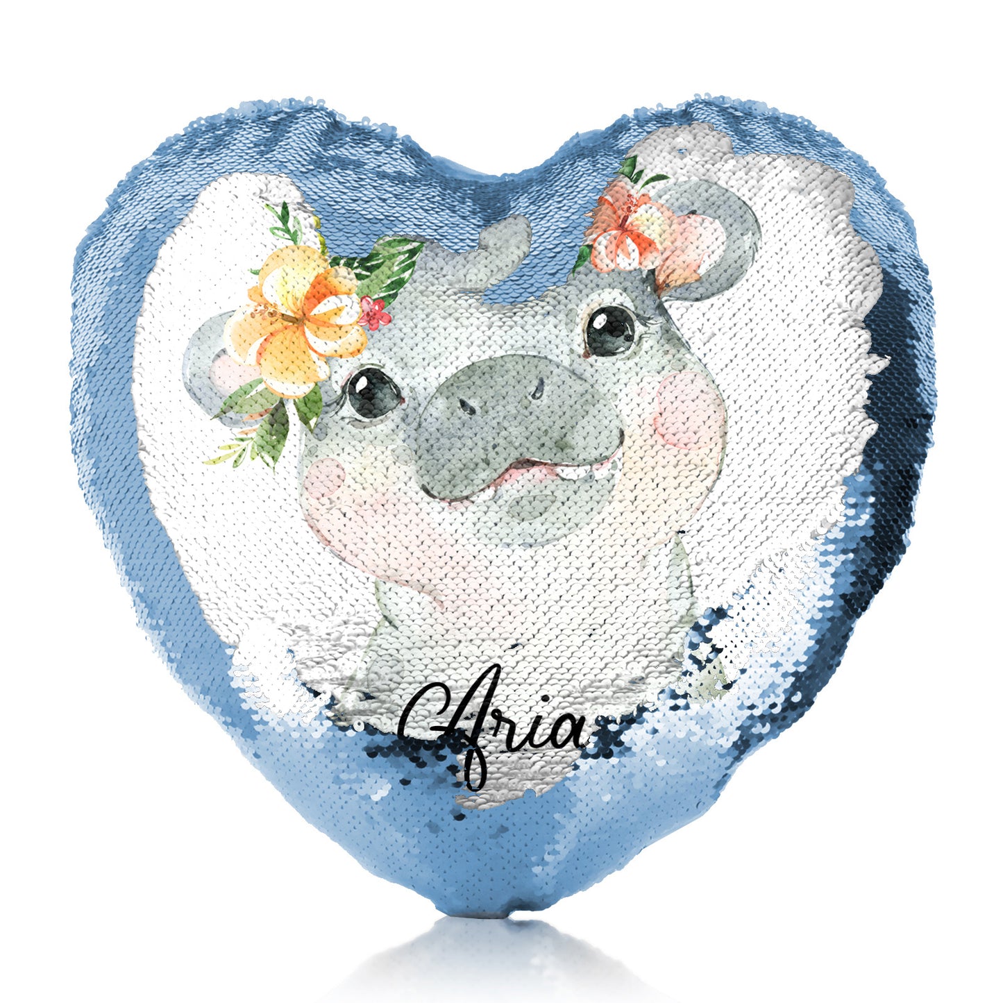 Personalised Sequin Heart Cushion with Hippo Peach Flowers and Cute Text