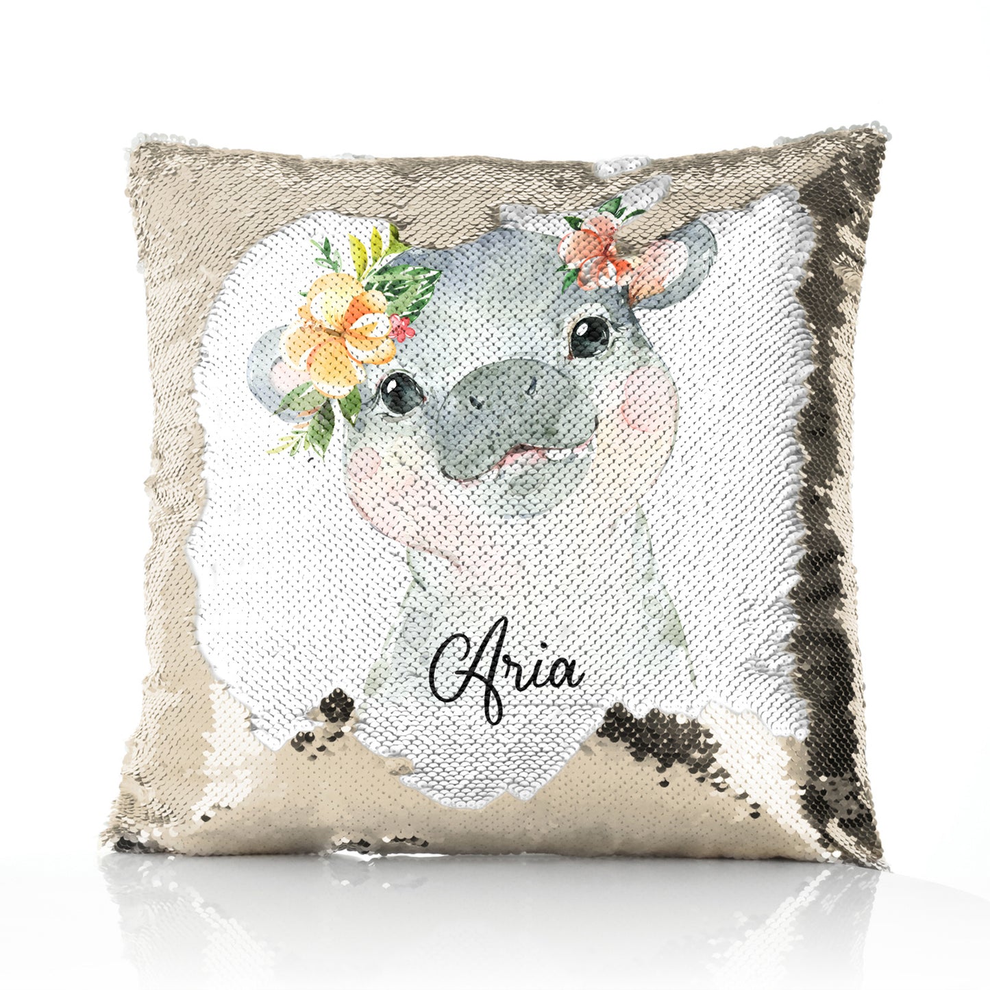 Personalised Sequin Cushion with Hippo Peach Flowers and Cute Text