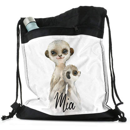 Personalised Meerkat Baby and Adult and Name Black Drawstring Backpack