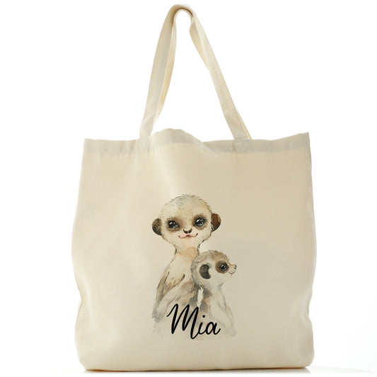Personalised Canvas Tote Bag with Meerkat Baby and Adult and Cute Text
